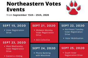 A list of Northeastern 
Votes events. The Northeastern Votes initiative was created by Rhea Tipnis, a second-year business administration major from India