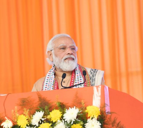 Prime Minister  Modi addressing the crowd at a public function in Agartala, Tripura on Jan. 4, 2022.