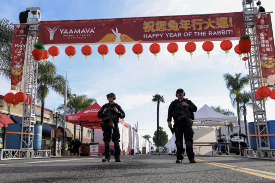 Armed+Police+stand+guard+below+Lunar+New+Year+decorations+in+California.