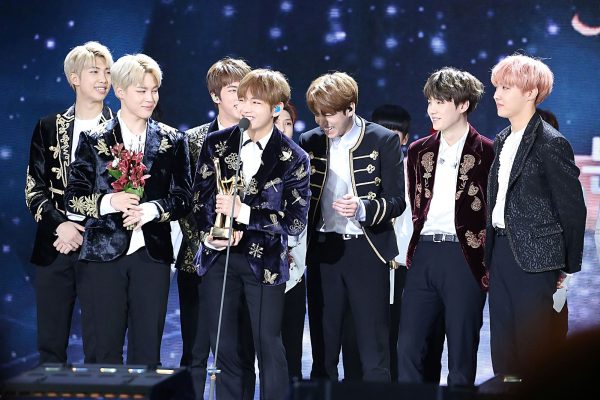 BTS receiving a Bonsang award at the 31st Golden Disk Awards in Seoul on January 14 201